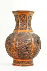 Japanese Bronze Hexagonal Dragon Phoenix Vase