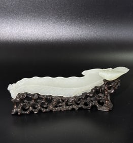 Chinese White Jade Leaf & Cicada Carving