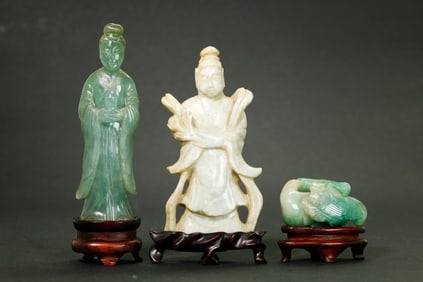 2 Chinese Jadeite Ladies; 19 C Dbl Crane Toggle