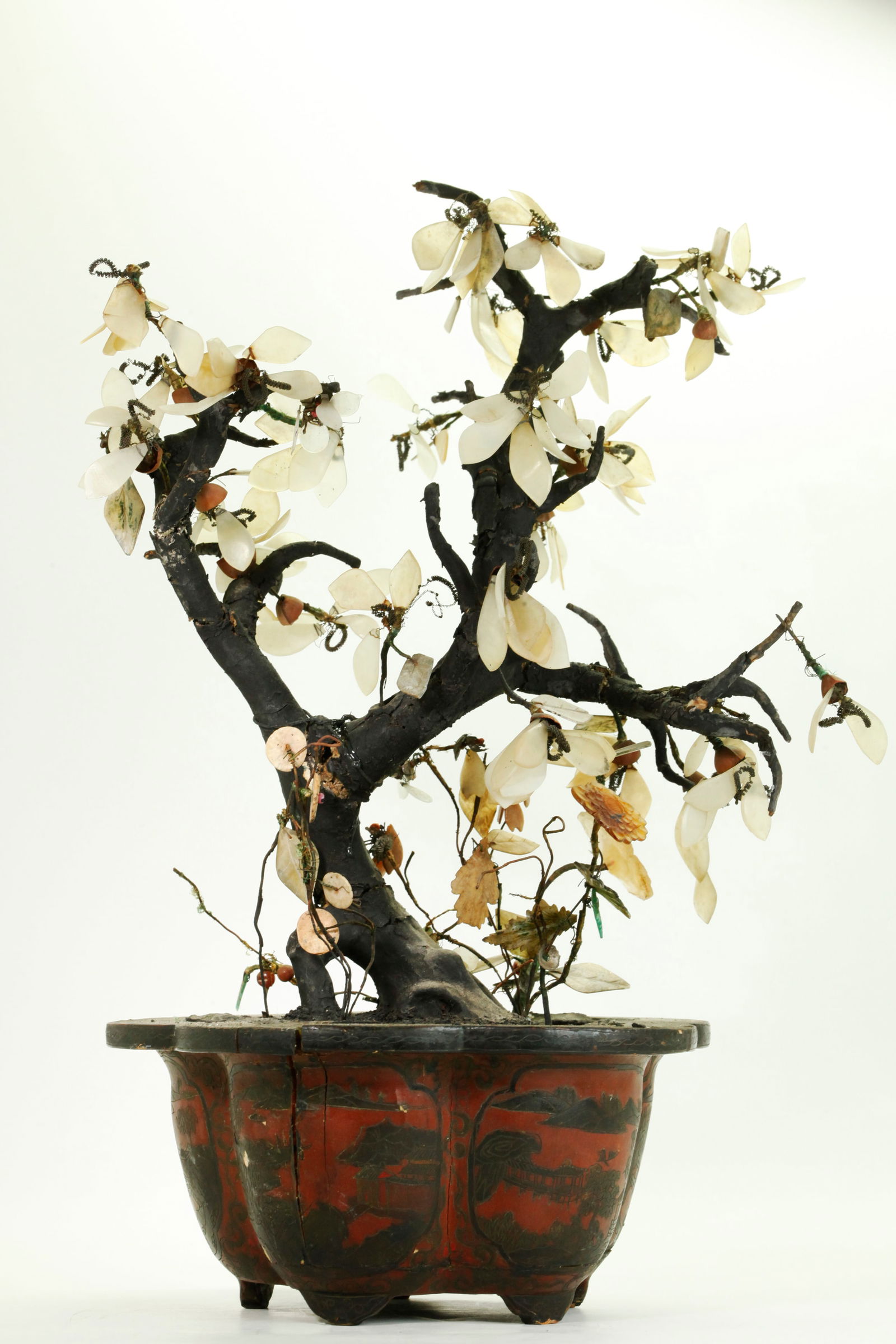 Chinese 19th C Tianqi Lacquer Planter & Jade Tree (1 of 6)