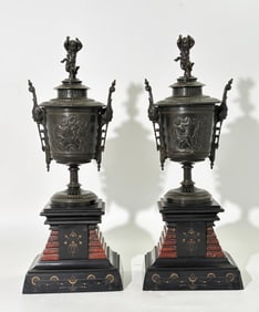 Fine Etruscan Revival Covered Bronze & Marble Urns