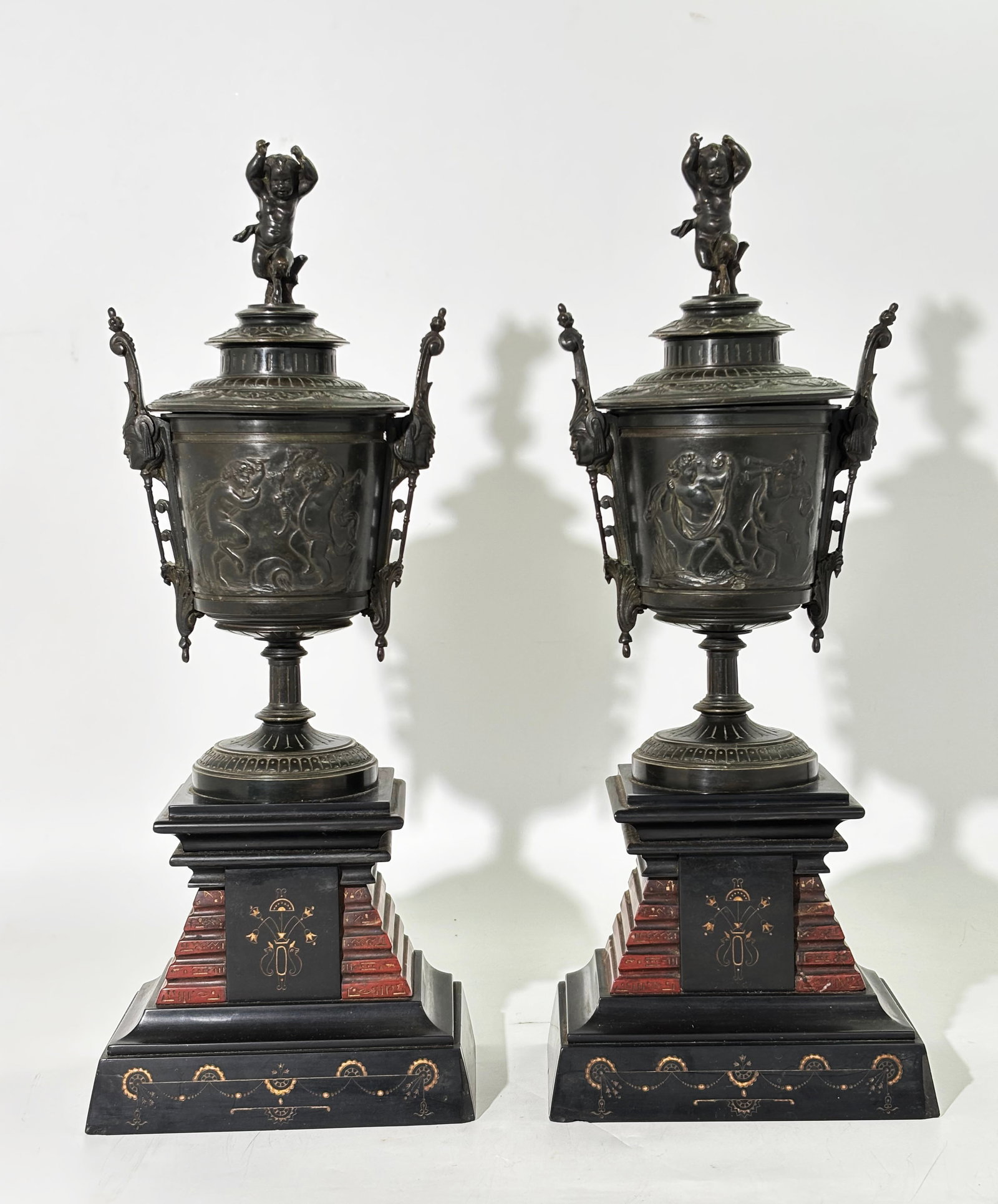 Fine Etruscan Revival Covered Bronze & Marble Urns (1 of 10)