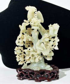 Fine Chinese Pale Celadon Jade Birds Fruit Branch