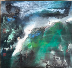 Zhang Daqian: Ink Color Paper "Waterfall Flood"