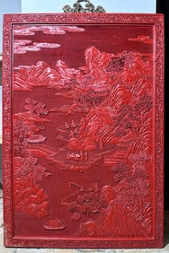 Lg Chinese Cinnabar Red Lacquer Landscape Panel