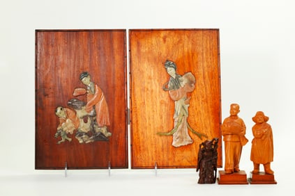 Pr Chinese Shoushan Soapstone Plaques; Bamboo Shou