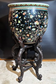 Large Chinese Famille Noire Porcelain Fish Bowl