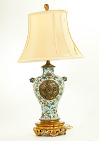 Chinese 18th Cen Carved & Enameled Porcelain Vase Lamp