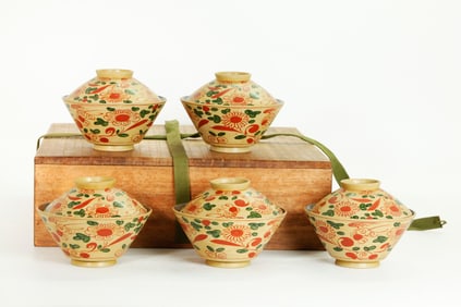 5 Japanese Lacquer Over Ceramic Tea Bowls & Covers