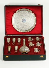 European 19th C Silver Decanter Tray 10 Cups; Box