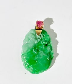 Lg Chinese Green Jadeite Double Gourd 18K Pendant