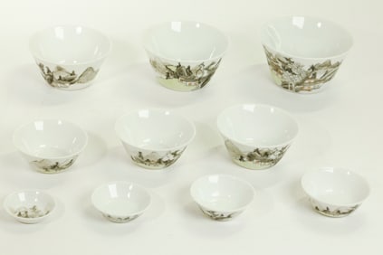 10 Chinese 19th C Porcelain Nesting Landscape Cups