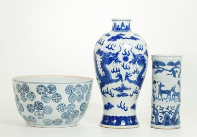 3 Chinese Blue & White Porcelains; Bowl, 2 Vases
