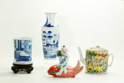 4 Chinese Porcelains; Vase Bitong Teapot Figure