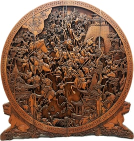 Chinese Carved Wood 4 Panel Moon Door Screen