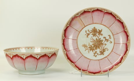 Chinese 18 C Lotus Flower Porcelain Bowl & Plate