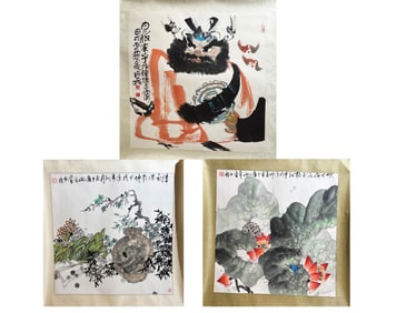 3 Chinese Ink & Color on Paper Paintings