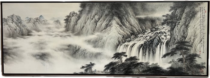 Hu Nien-Tsu; Ink Paper Scholars Waterfall & Mist