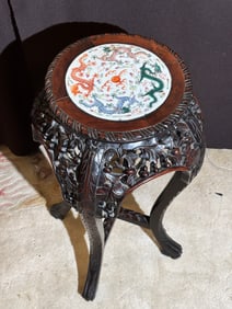 Chinese Qing Porcelain Dragon Plaque in Wood Table