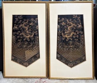 Pr Chinese 19th C 5-Claw Dragon Gold Embroideries