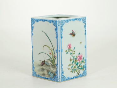Chinese Enameled Porcelain 4 Side Brush Pot