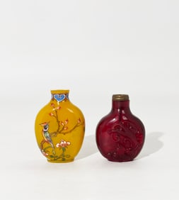 2 Chinese Glass Snuff Bottles: Carved & Enameled