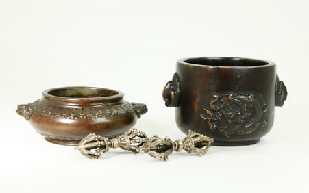 2 Chinese Heavy Bronze Censers; 2 Silvered Vajra