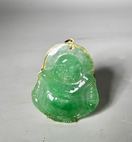 Chinese Light Green Jadeite Budai 14K Pendant