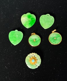6 Chinese Green Jadeite Pendants 2 Diamond 1 Opal