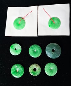 8 Chinese Green Jadeite "Bi" Rings 1 with Diamond