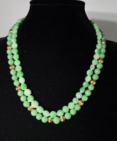 2 Chinese Apple Green Jadeite Bead Necklaces