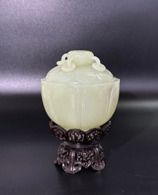 Fine Chinese 19th C White Jade Lotus Covered Bowl