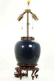 Chinese 18 C Monochrome Blue Porcelain Jar Lamp