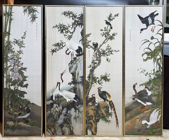 4 Chinese Silk Brocade Birds & Flowers 4 Seasons