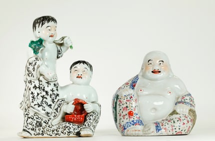 2 Chinese Enameled Porcelains; Budai & HeHe Boys