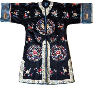 Chinese Qing Black Silk Coat w Antique Borders