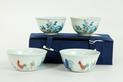 2 Pairs Chinese Doucai Porcelain Cups