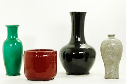 4 Chinese Monochrome Porcelains: 3 Vases 1 Censer