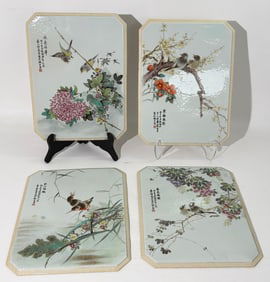 4 Chinese Artist Enamel Porcelain Bird Plaques