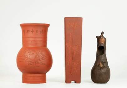 2 Chinese Yixing Zisha Vases; Japanese Wall Vase