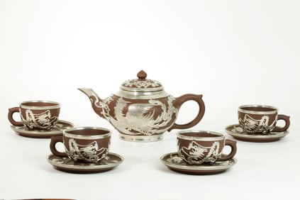 Chinese Pewter Yixing Zisha Teapot 4 Cups & Plates