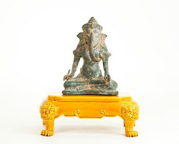 Chinese Yellow Crackle Porcelain Stand; Ganesha