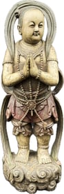 Large Chinese Buddhist Carved Wood Acolyte
