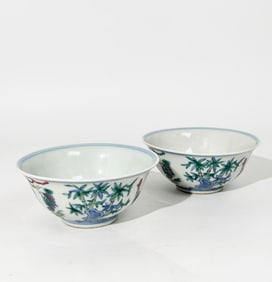 Pr Chinese Doucai Enameled Porcelain Chicken Cups