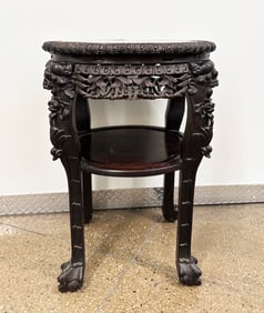 Chinese Hard Wood Marble Round Table & Shelf