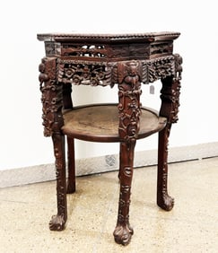 Chinese Hard Wood 5 Legged Marble Inset Table