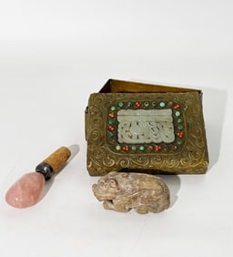 2 Chinese Jades; Bronze Box & Rose Quartz Stopper