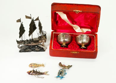 Chinese Silver Miniature Warship; 3 Fish Pendants