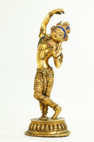 Tibetan Gilt Bronze Dancing Tara Sealed Lotus Base
