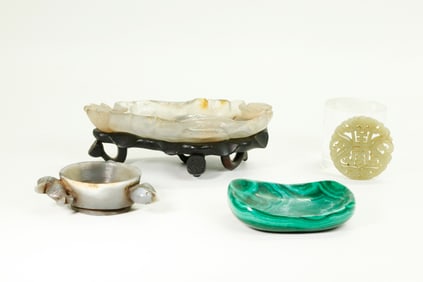 4 Chinese Hard Stone Carvings 2 Trays Pendant Bowl